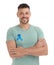 Man with blue ribbon on white background.  cancer awareness