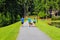 A man in a blue shirt running next to a couple with a dog walking down a smooth footpath next to the lake