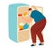 Man in blue shirt searching refrigerator with food. Adult male looking for meal in fridge at home. Domestic life and