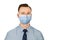 Man in blue shirt and tie wearing a protective face mask prevent virus infection, pollution on white isolated background