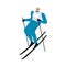 Man in blue winter suit skiing fast down the mountain. Vector illustration in the flat cartoon style