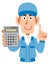 A man in blue work clothes showing and explaining a calculator