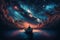 A man on a boat in outer space surrounded by stars, clouds, and both night and sunset skies. AI