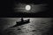 Man in boat swimming in sea during full moon illustration