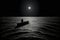 Man in boat swimming in sea during full moon illustration