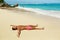 Man Body On Beach. Summer Male Lying On Sand At Resort