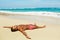 Man Body On Beach. Summer Male Lying On Sand At Resort