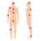 Man body with pain points. Circle painful red spot point on human silhouette vector medical abstract illustration