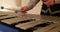 Man body playing the vibraphone in old french monastery. this metal xylophone, is like glockenspiel. here played in medieval frenc