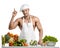 Man bodybuilder in white toque blanche and cook protective apron