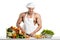 Man bodybuilder in white toque blanche and cook protective apron