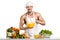 Man bodybuilder in white toque blanche and cook protective apron