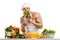 Man bodybuilder in white toque blanche and cook protective apron