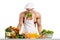 Man bodybuilder in white toque blanche and cook protective apron