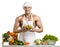 Man bodybuilder in white toque blanche and cook protective apron