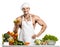 Man bodybuilder in white toque blanche and cook protective apron