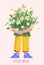 Man with a bouquet of flowers. Character with present. Congratulations happy birthday, International Women`s Day on March 8.