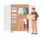 Man with box near open bedroom closet semi flat color vector character