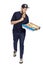 A man with a box of pizza in his hands eats a piece. The guy in the cap and blue clothes. Food delivery. Full height. Isolated on