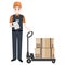 Man with boxes and hand pallet jack lift icon.