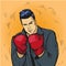 Man in boxing gloves vector illustration in comic pop art style. Businessman ready to fight and protect his business