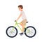 Man or boy dressed in casual clothing riding bike. Flat male cartoon character wearing t-shirt and shorts on bicycle
