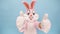 Man or boy in a easter bunny or rabbit or hare costume congratulations on Happy Easter, rejoices, shows thumb fingers up