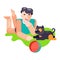 Man boy play with best friend pet character dog or puppy illustration. Family playing with doggie animal isolated on