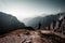 Man, boy is standing in the middle of Dolomites mountains in Italy