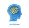 Man brainstorm head in paper cut style. Silhouette of layered human with think gears in brain. Origami skull papercut