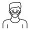 Man in breathing medical respiratory mask black line icon. Allergy. Flu, virus, epidemic prevention. Pictogram for web