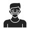 Man in breathing medical respiratory mask glyph icon. Allergy. Flu, virus, epidemic prevention. Pictogram for web page, mobile app