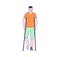 Man with a broken leg in a bandage is standing on crutches flat vector illustration. Rehabilitation after injuries. Orthopedics