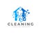 Man with broom, house cleaning and house cleanup service, logo design. Sanitizing, disinfecting, virus, hygiene and cleanliness, v