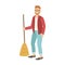 Man With Broom Sweeping The Floor, Cartoon Adult Characters Cleaning And Tiding Up