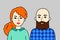 Man with brown beard and woman with red hair. Pair of friendly nice people, cartoon simple portrait.Two young adults. Vector flat