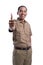 Man in brown khaki uniform showing thumb up