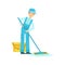 Man With Bucket nd Mop Washing The Floor, Cleaning Service Professional Cleaner In Uniform Cleaning In The Household