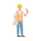Man Builder Character in Hard Hat and Warnvest Standing with Hammer Vector Illustration