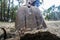 A man buries the ground with a shovel and throws it from above, a view from inside from below