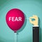 Man bursts a balloon with the word fear. Stock illustrati