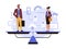 Man in business suit with briefcase and woman office employee balance equal on the scale. Flat vector illustration.