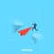A man in a business suit jumps over a precipice with a flying paper plane