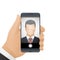 Man in a business suit makes a selfie photo on smartphone. Modern smartphone in male hands. Vector illustration