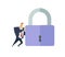 Man in business suit pushing giant padlock. Business and security. Personal data. GDPR, RGPD. General Data Protection