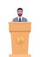 Man in a business suit stands on a rostrum in front of the microphones. Man orator speaking from tribune. Vector illustration