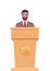 Man in a business suit stands on a rostrum in front of the microphones. Man orator speaking from tribune. Vector illustration