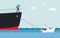 Man in a business suit with a telescope sails on a huge ship. Small paper boat pulling a huge ship. Concept of teamwork and