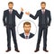 Man in business suit with vest. Bearded guy, gesturing