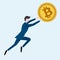 A man businessman in a business suit catches, chases, flies upward for a gold coin bitcoin